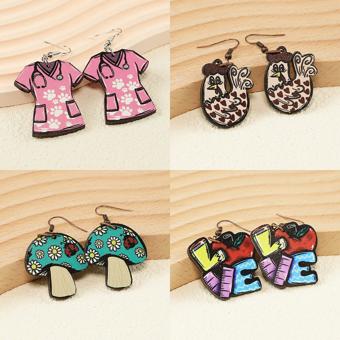 Wholesale Thanksgiving Nurses Day Back to School Season Farm Love Love Turkey Mushroom Women' s Wooden Earrings