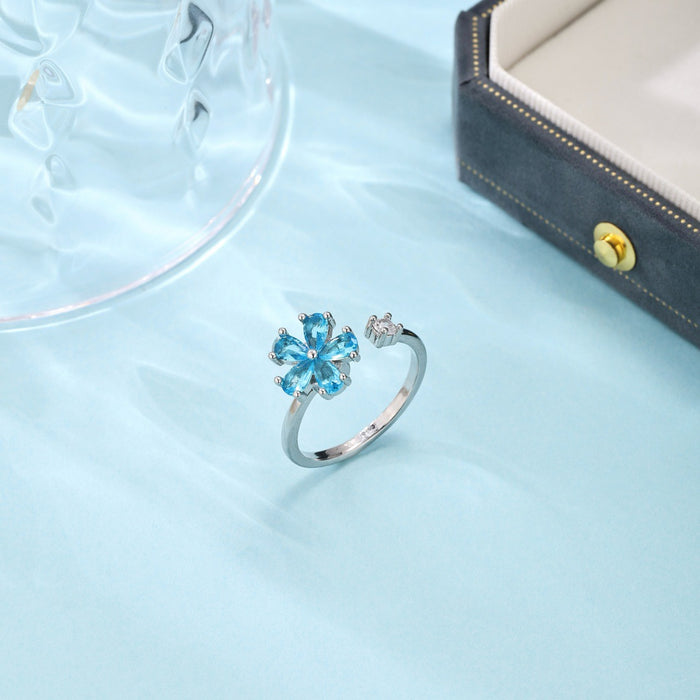 Wholesale Rotating Flower Adjustable rings for Women Aquamarine Ring