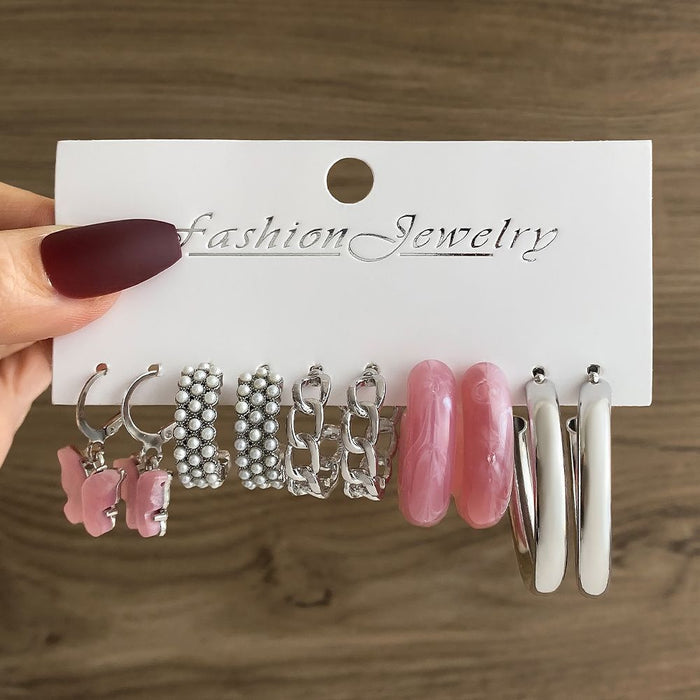 Wholesale 6-piece geometric pearl and diamond statement earring set