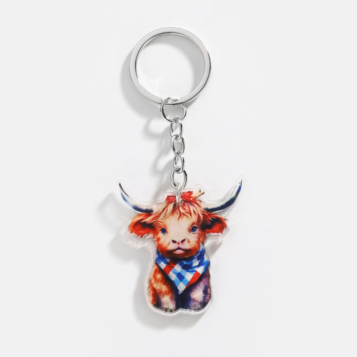 Wholesale 12PCS American Independence Day Acrylic Highland Cow Keychain JDC-KC-HuiWen008