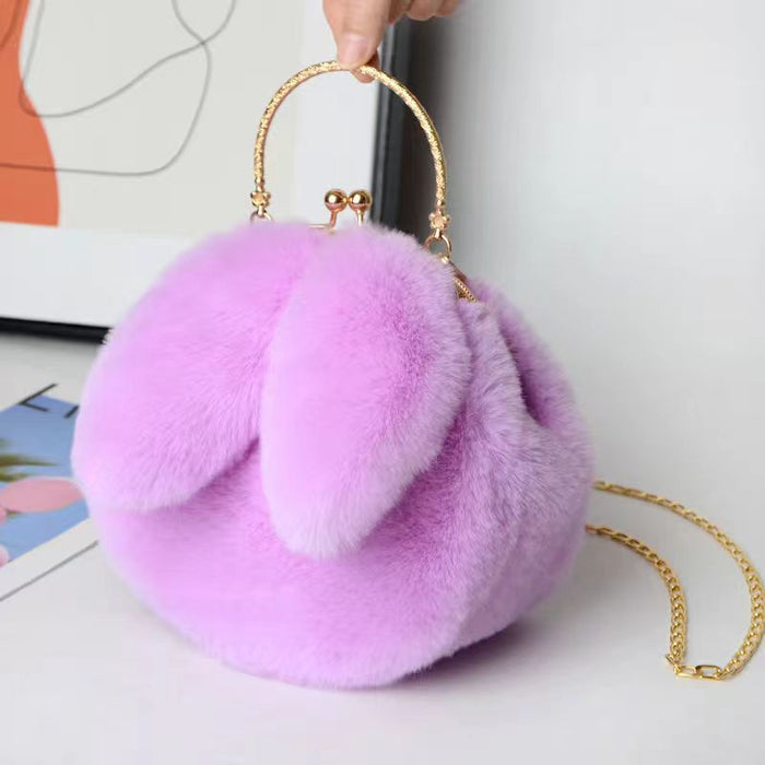 Wholesale Plush Shoulder Bag Women's Portable Crossbody Bag Chain Mobile Phone Bag All-match Small Round Bag Rabbit Ear Clamp Bag