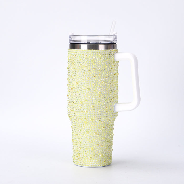 Wholesale Stainless steel pearl insulation cup,  large capacity,  pearl inlaid car cup,  40oz handle,  straw sticker,  diamond ice cup