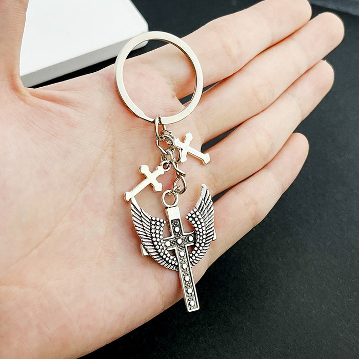 Wholesale Antique Silver Wings Cross Alloy Keychain JDC-KC-LuNeng003