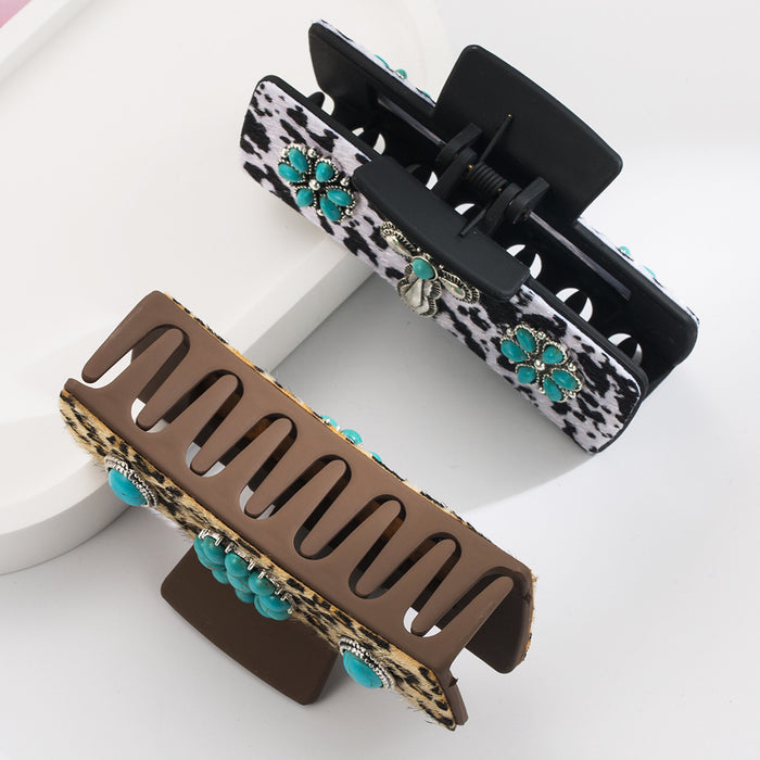 Wholesale Hairpin Leopard Shark Clip Alloy Turquoise Accessories Vintage Leopard Leather Clip Trendy Hair Accessories