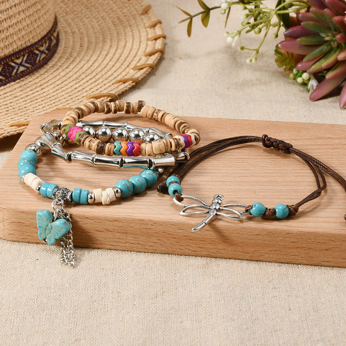 Wholesale 4-piece set of multi-layered Bohemian style simple dragonfly turquoise butterfly tassel beaded bracelets