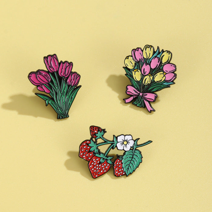 Wholesale Cute Plant Flower Brooch Cartoon Tulip Peony Metal Badge