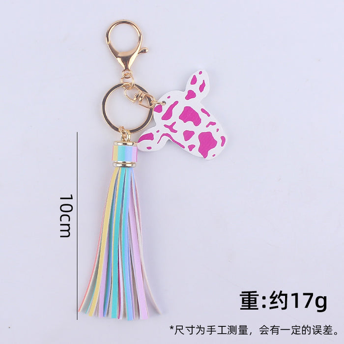 Wholesale Cartoon Western Bull Head Wooden Pendant Creative Colorful Long Tassel Key Ring Pendant