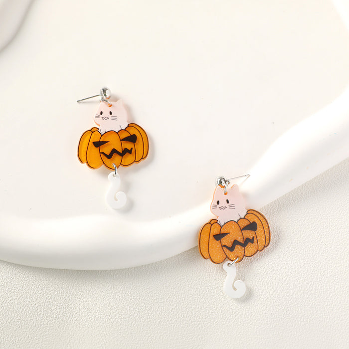 Wholesale Halloween Cute Pumpkin Monster Ghost Head Cat Ghost Tail Acrylic Printing Earrings JDC-ES-QingM002