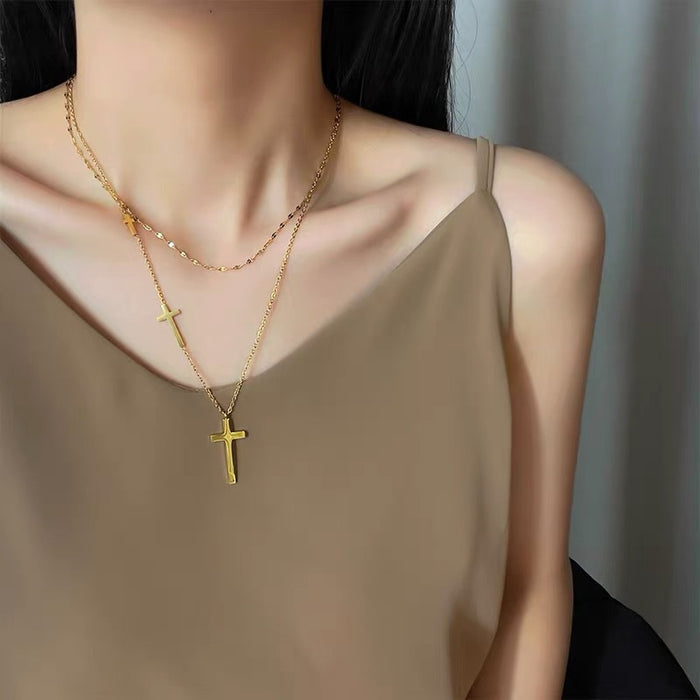 Wholesale Titanium Steel Cross Double Layer Necklace JDC-NE-YaS002