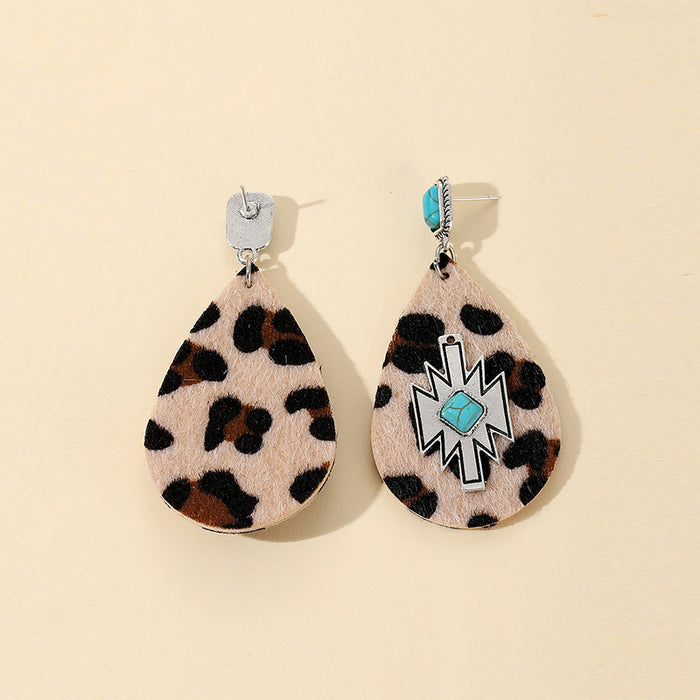 Wholesale Earrings PU Drop Shape Hairy Face Leopard Print Creative Sticky Turquoise JDC-ES-Saip085