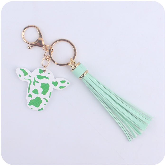 Wholesale Cartoon Western Bull Head Wooden Pendant Creative Colorful Long Tassel Key Ring Pendant
