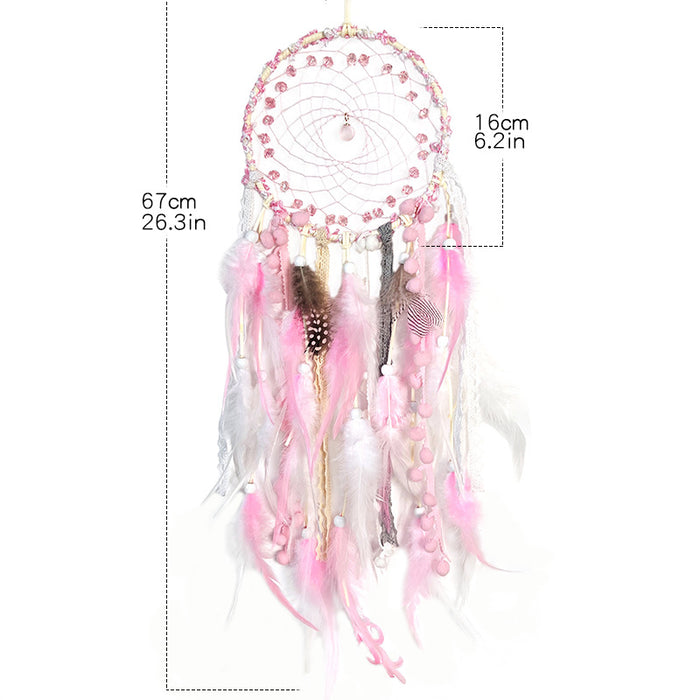 Wholesale Handmade Dream Catcher with Feathers and Glass Beads Pink Living Room Hanging Decor MOQ≥2