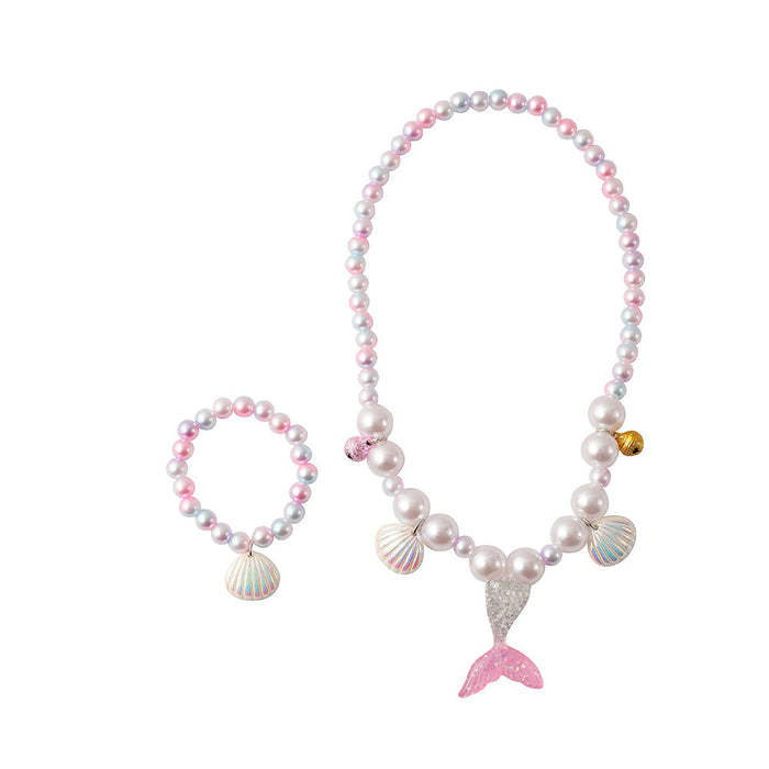 Wholesale Children' s new synthetic pearl jewelry set cute cartoon mermaid tail beaded necklace bracelet earring set