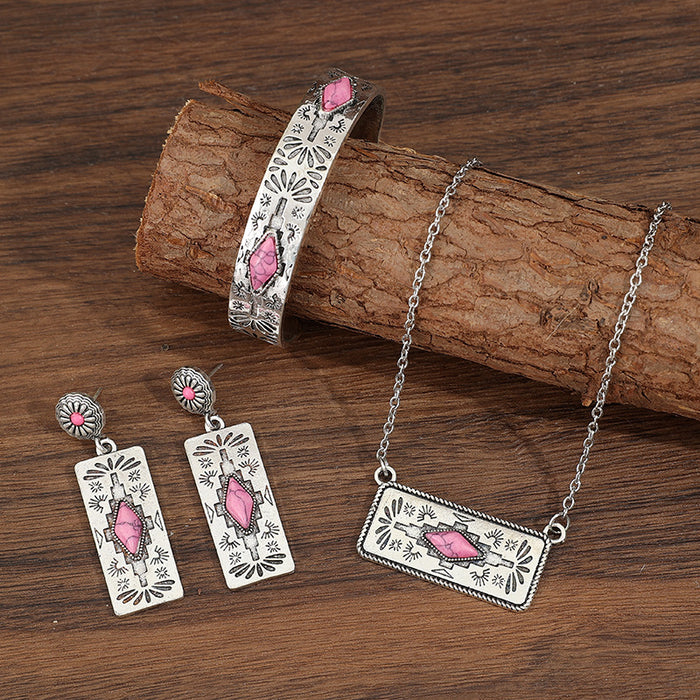 Wholesale Retro style pumpkin flower splicing geometric pink turquoise alloy set