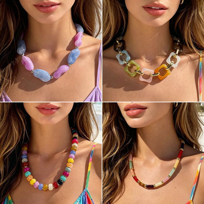 Wholesale Acrylic Bohemian Rainbow Beaded Chain Necklace Jewelry Accessory MOQ≥10