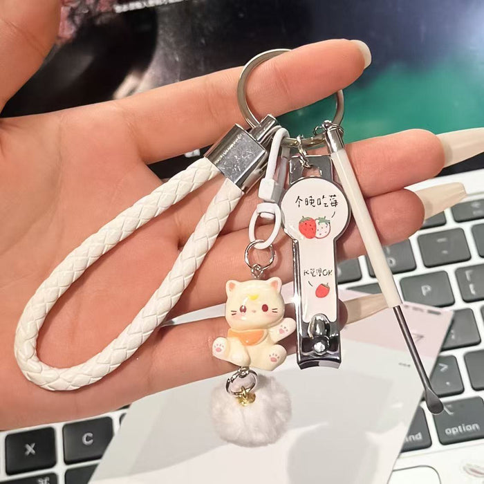 Wholesale Trendy Cute Cartoon Keychain Set Stainless Steel Ear Pick Nail Clipper Best Friend Couple Gift Bag Charm Accessory