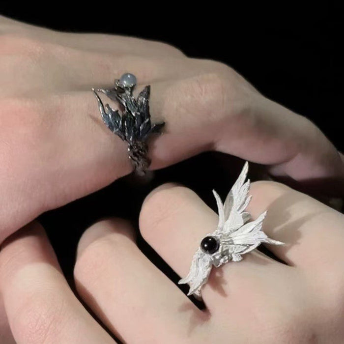 Wholesale Open Ring Black and White Broken Wings Couple's Pair Ring