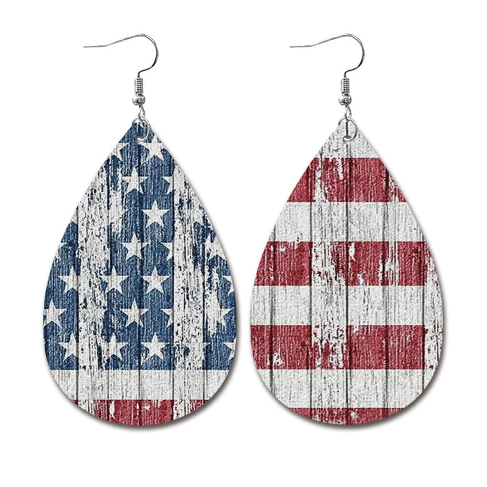Wholesale Independence Day leather earrings Classic water drop American flag distressed earrings holiday tie-dyed patriotic earrings