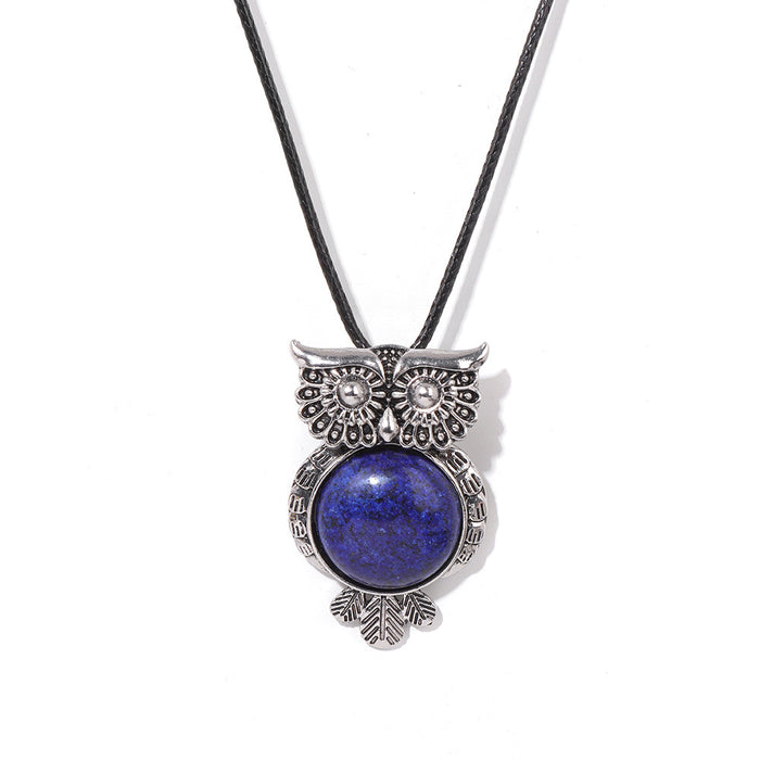 Wholesale Owl pendant necklace with semi precious stones tiger' s eye and amethyst