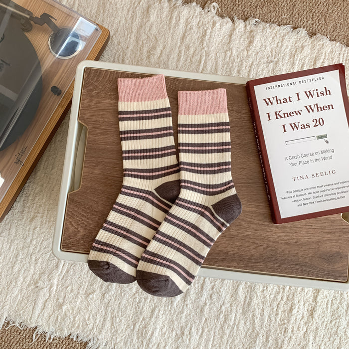 Wholesale Striped pile socks, contrasting socks, double needle sweat absorbing mid tube socks