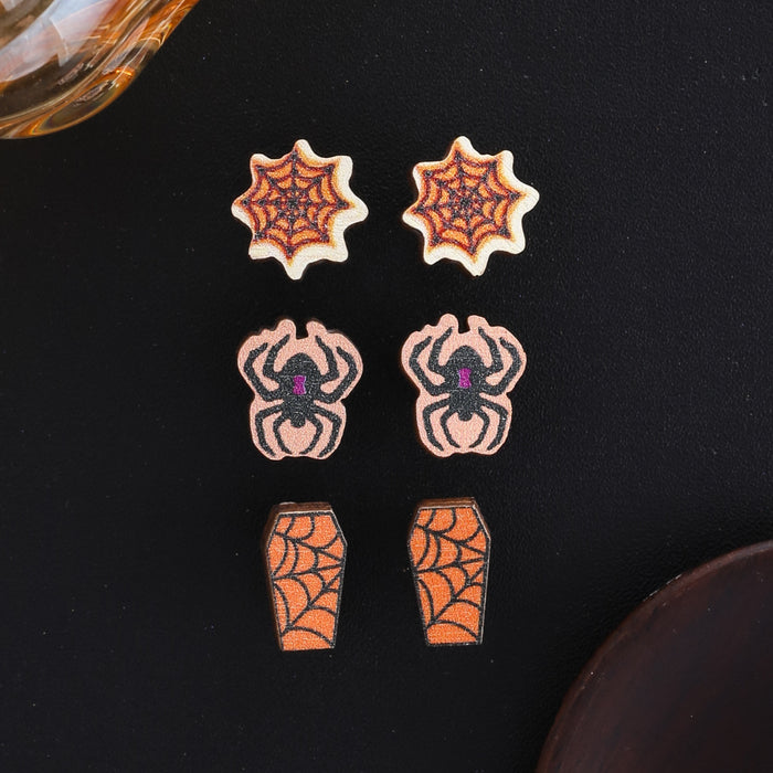 Wholesale Halloween Skull Spider Web Print Pendant Wood Earrings JDC-ES-JunJie009