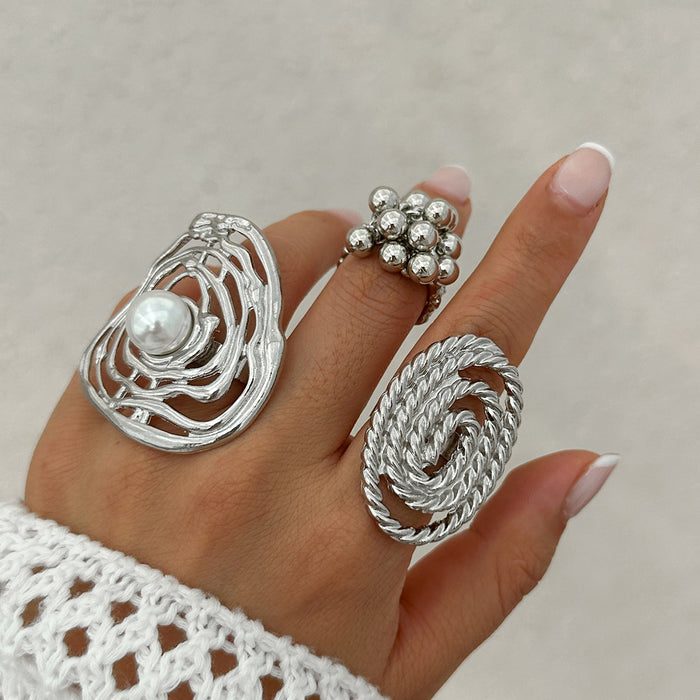 Wholesale Jewelry Geometric Ripple Imitation Pearl Ring Irregular Elliptical Alloy Wrapped Ring