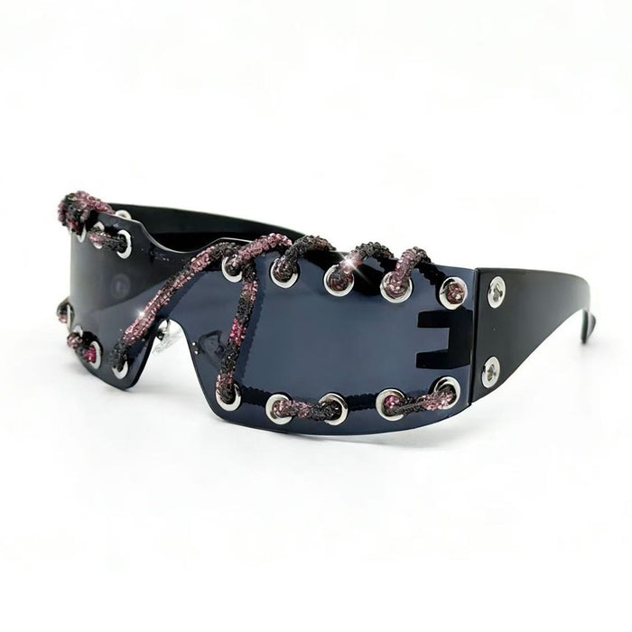 Wholesale Cyberpunk Rimless Rhinestone Sunglasses with Metal Rings and Rivets