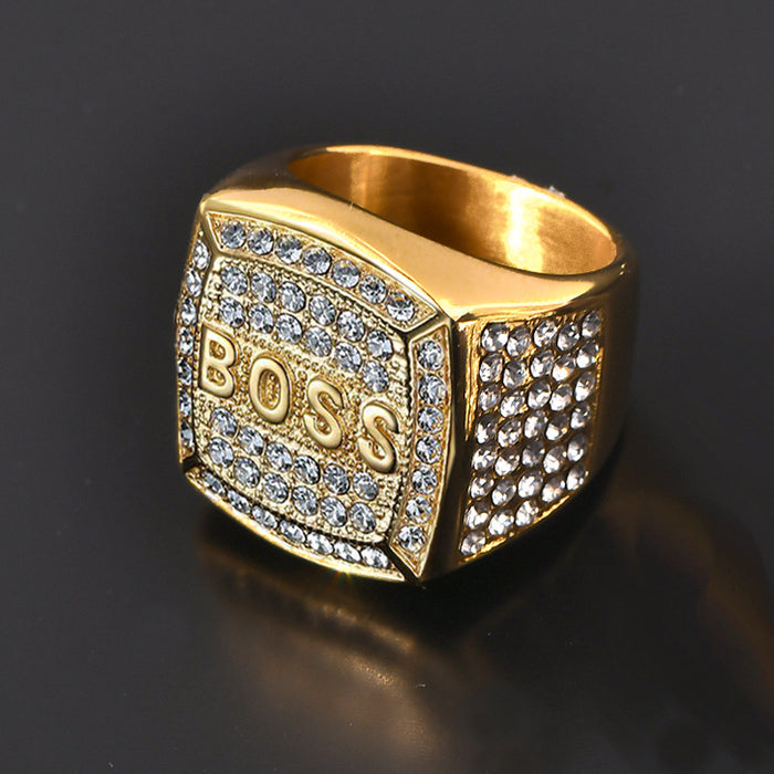 Wholesale HIPHOP titanium steel electroplating rhinestone square BOSS letter men' s ring