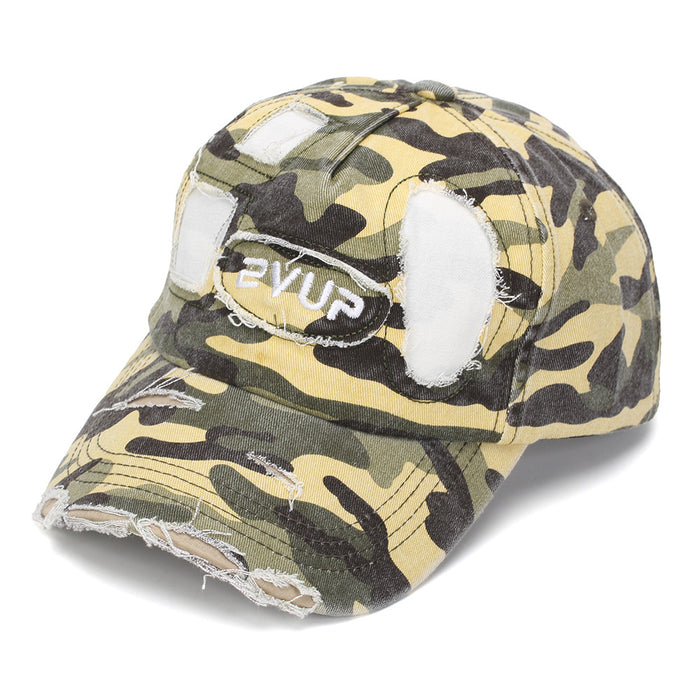 Wholesale Stylish Camouflage Torn Baseball Cap Sun Protection Embroidered Curved Brim Casual Hat for Men Women