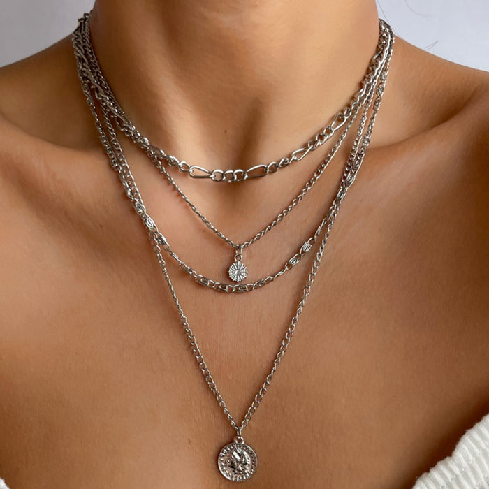 Wholesale New necklace punk style street photography portrait coin pendant metal exaggerated thick chain multi-layer necklace