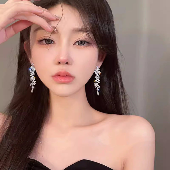 Wholesale Light luxury sparkling diamond zircon wheat ear earrings with a niche design sense, long tassel leaf earrings with earrings