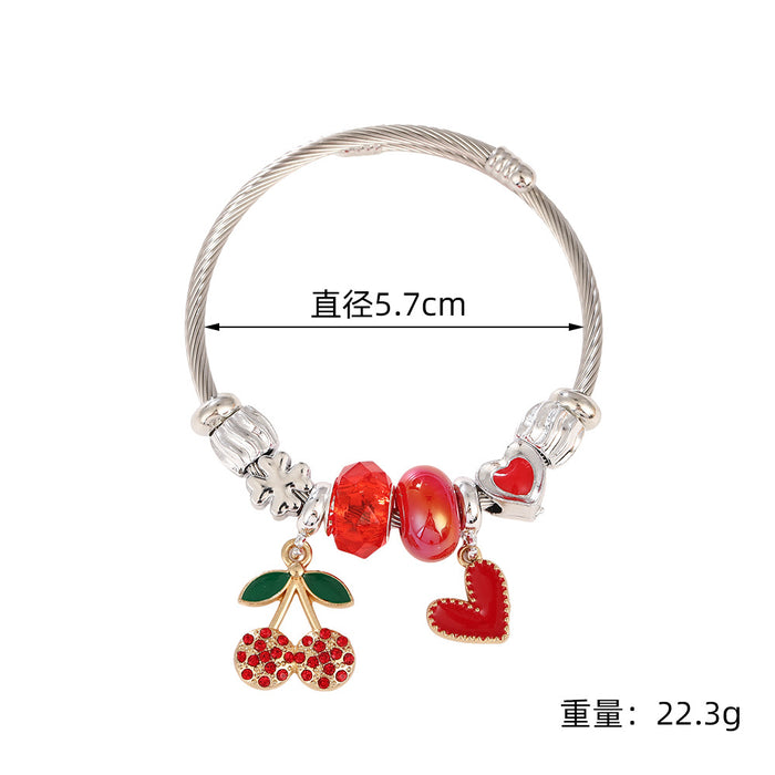 Wholesale Sweet Cherry Beaded Bracelet Stainless Steel Heart Jewelry MOQ≥2