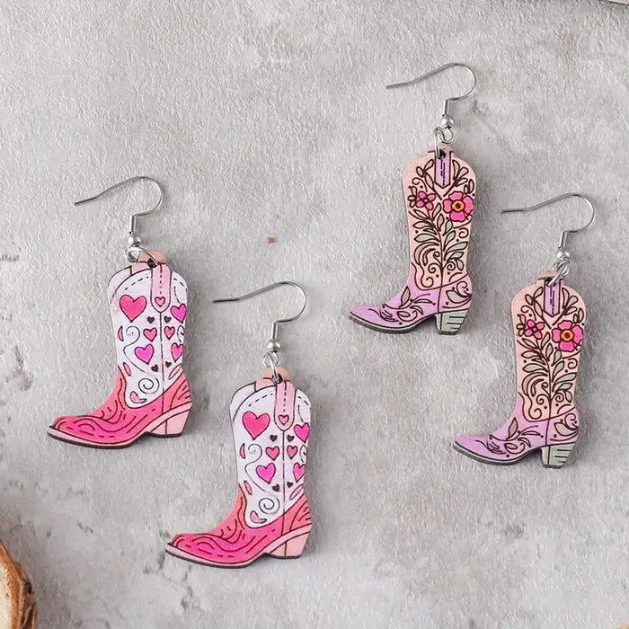Wholesale Western style pink heart flower leaf double-sided pattern cowboy boots wooden earrings fashion gift