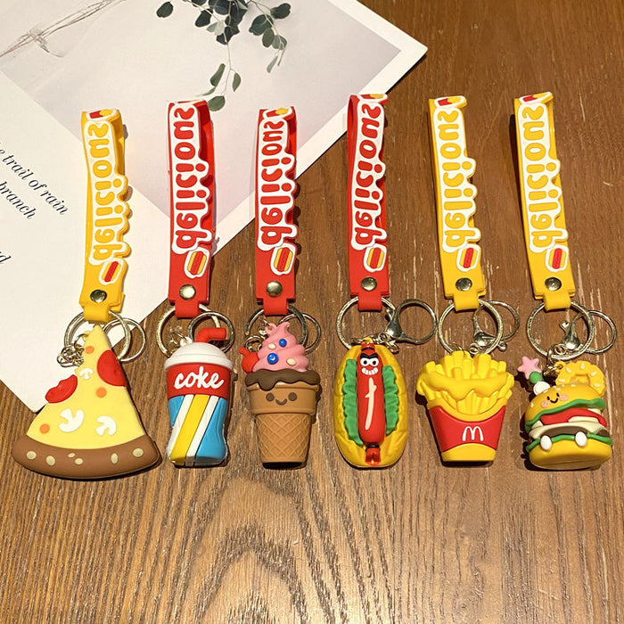 Wholesale Simulated Food Pizza Hamburger Fries Metal Keychain Bag Charm Gift