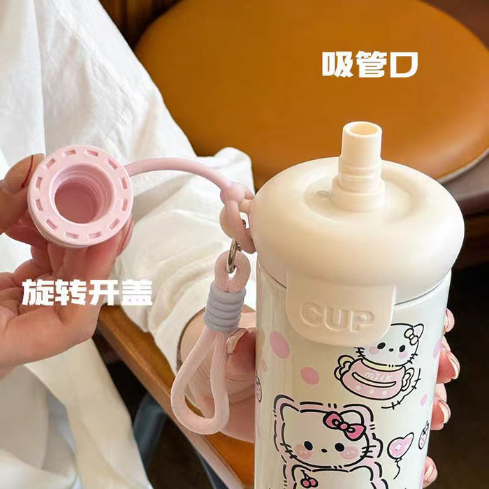 Wholesale 316 Stainless Steel Cute Cat Design Insulated Straw Water Bottle For Students With Carrying Strap