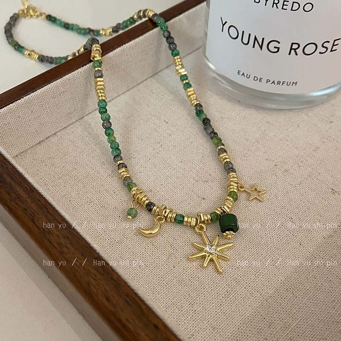 Wholesale green beaded star moon necklace versatile niche double-layer chain hot beaded