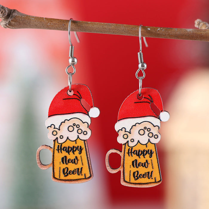 Wholesale New Year Beer Mug Wooden Double-Sided Earrings Holiday Party Gift