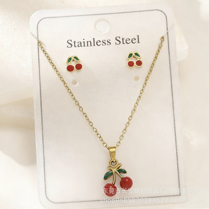 Wholesale 18K Gold Cherry Stainless Steel Earring and Necklace Set