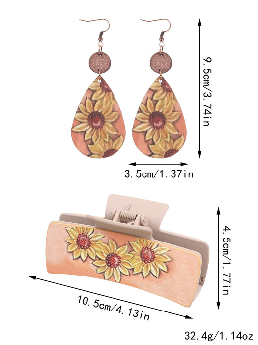 Wholesale Western Denim Wind Sunflower Cactus Leather Women' s Hairpin Grab Clip Shark Clip Plus Earrings Combination