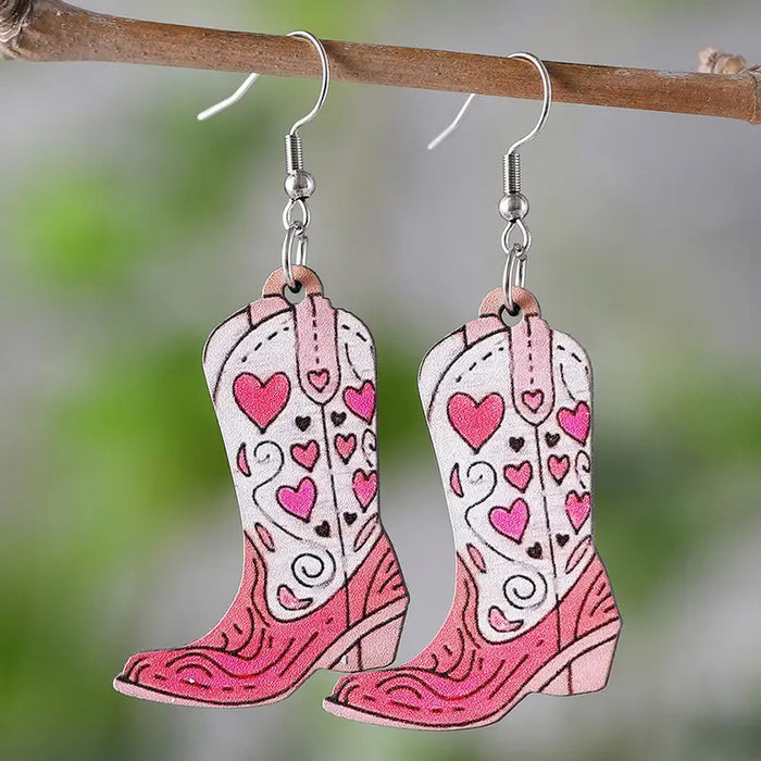Wholesale Western style pink heart flower leaf double-sided pattern cowboy boots wooden earrings fashion gift