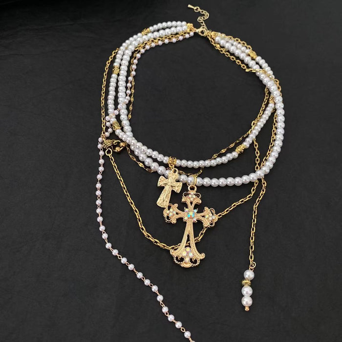 Wholesale Multi-layer Cross Pearl Alloy Necklace JDC-NE-LaiL010