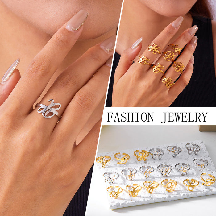Wholesale Stainless Steel Letter Ring Opening Adjustable Gold Plated Finger Ring Jewelry