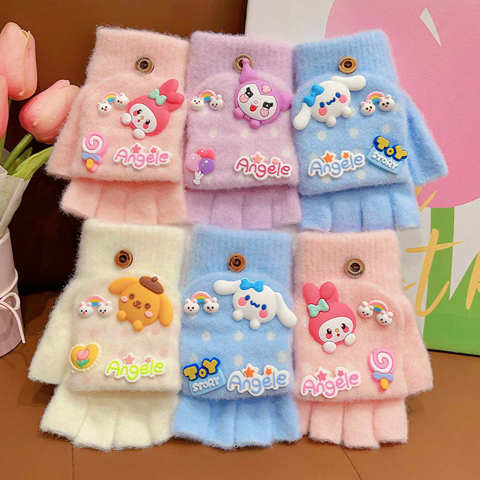 Wholesale Children' s Gloves Autumn and Winter Warm Cute Cartoon  Girls'  Half-Finger Flip Cover Baby Thickened Warm Five-Finger Set