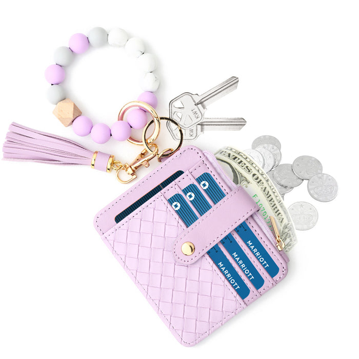 Wholesale Woven Pattern Plaid Card Case Silicone Beads Wrist Bracelet Zipper Bag Multi-Layer Large Capacity Coin Purse Keychain