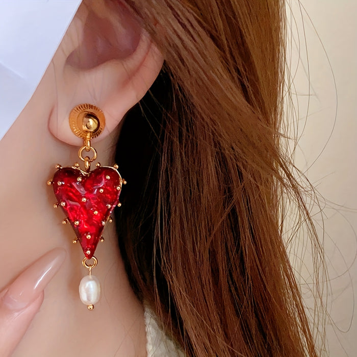 Wholesale Semi-transparent red tassel heart-shaped earrings