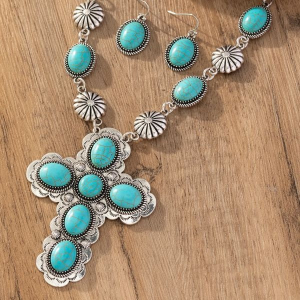 Wholesale Vintage Western Cross Turquoise Jewelry Set Alloy Necklace Earrings