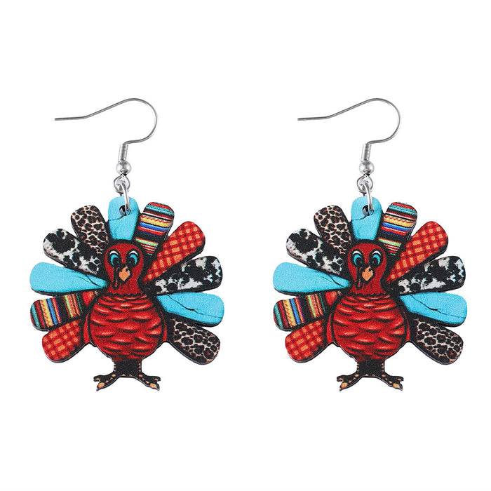 Wholesale Thanksgiving Leopard Print Turkey Pendant Earrings Wooden Double-Sided Autumn Harvest Thanksgiving Party Earrings