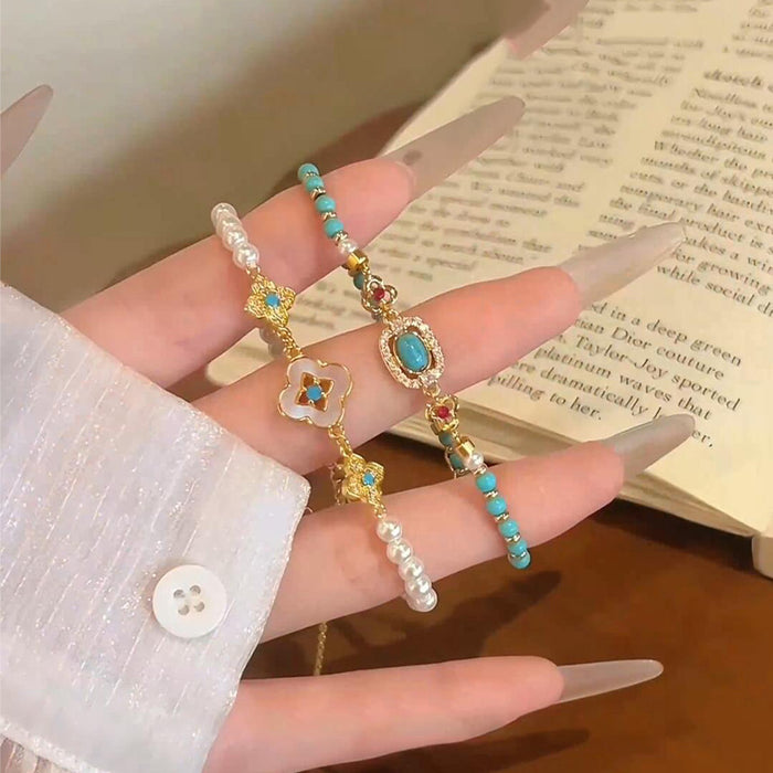 Wholesale Antique Imitation Turquoise Beaded Bracelet Stacked Metal Flower Bracelet Versatile Temperament Fashion Jewelry for Women