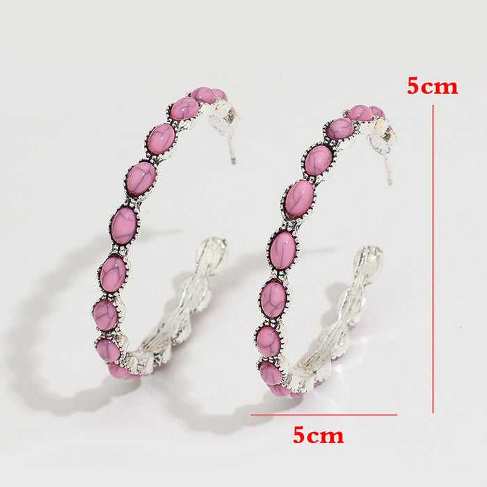 Wholesale New round pink turquoise C-shaped alloy earrings with retro style