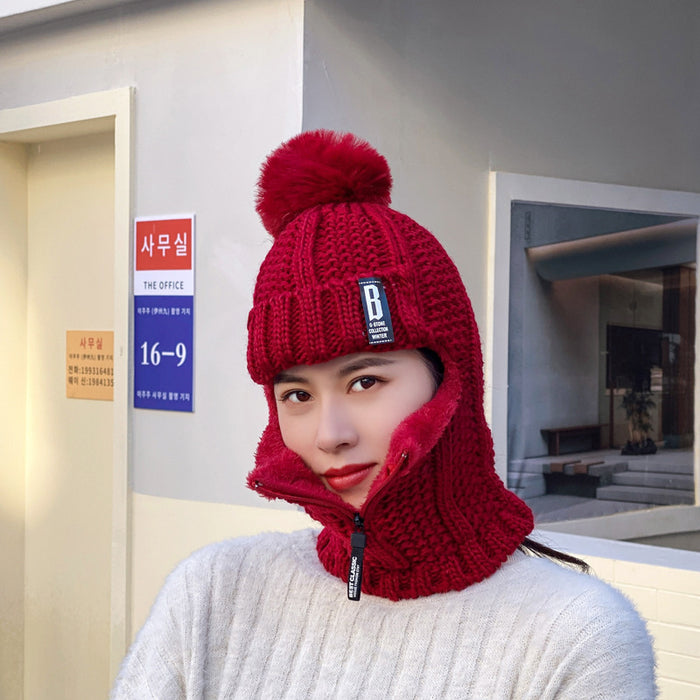 Wholesale Winter Women's Knitted Velvet Pullover Ear Protection Hat Zipper Scarf Fashionhat JDC-FH-JW001